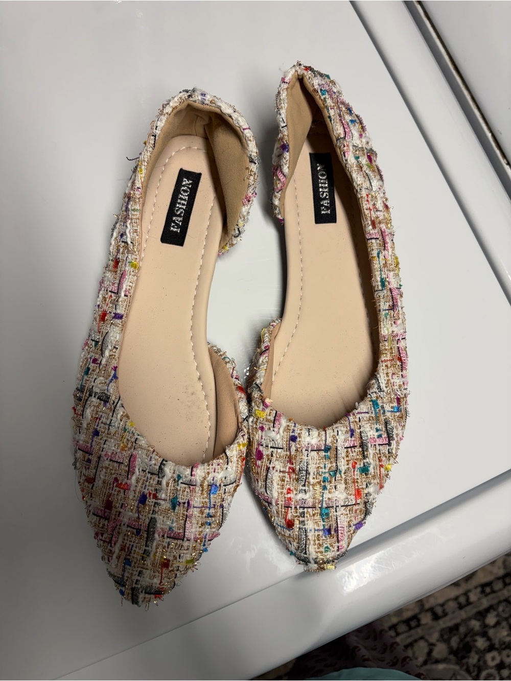 Aomissva Multicolor Tweed Pointed Toe Ballet Flats - Cream